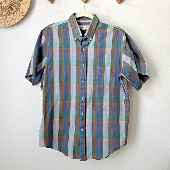 vintage Other - VTG Cacharel mens plaid short sleeve button shirt hipster thin blue L 60s 70s